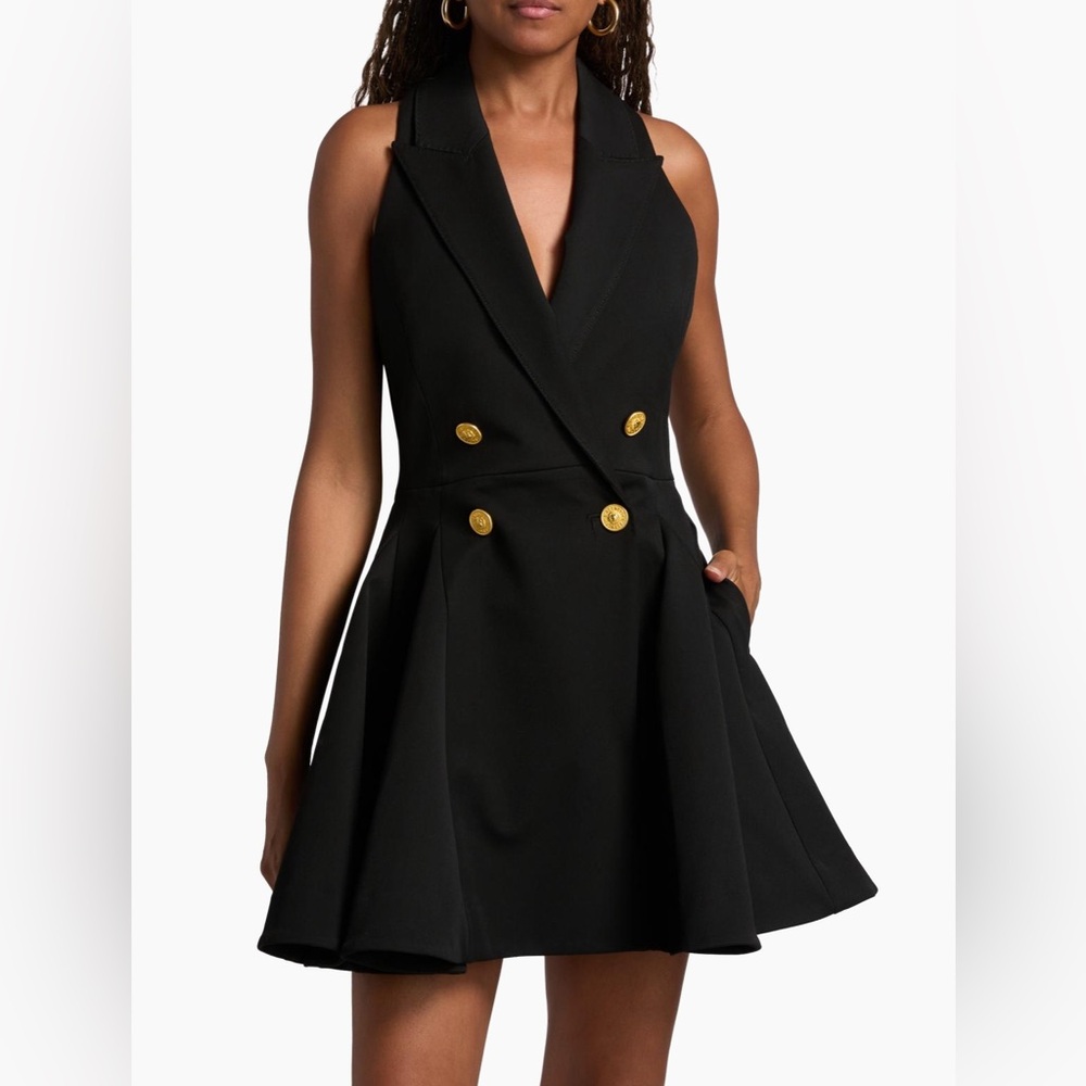 L'AGENCE Royalty Fit and Flare Black Mini Dress with Gold Buttons